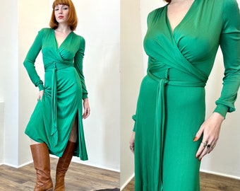 Vintage 1970s Dress / 70s Holly's Harp Jersey Wrap Dress / Green ( XS S )