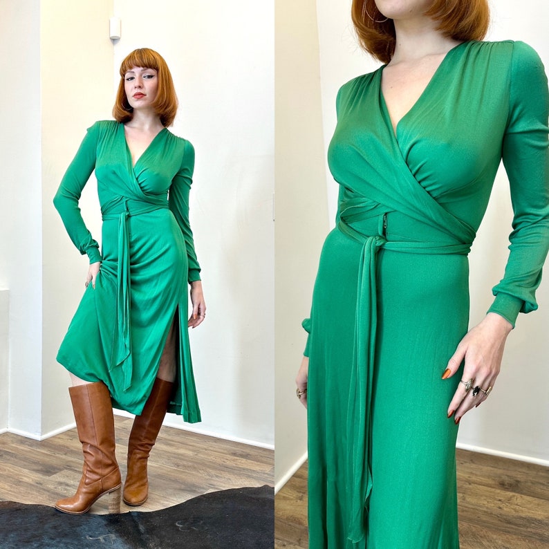 Vintage 1970s Dress / 70s Holly's Harp Jersey Wrap Dress / Green XS S image 1