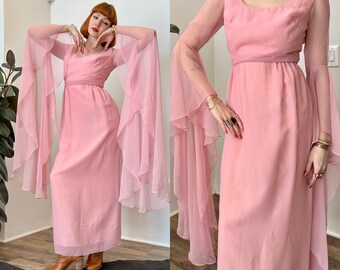 Vintage 1960s Dress / 60s Miss Elliette Angel Sleeve Dress / Pink ( XS S )