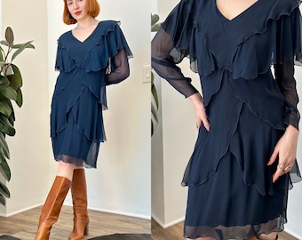 Vintage 1970s Dress / 70s Holly's Harp Ruffle Dress / Navy Blue ( XS S )