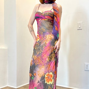 Vintage 2000s Dress / Y2K Diane Freis Colorful Silk Gown / Orange Pink M L image 3