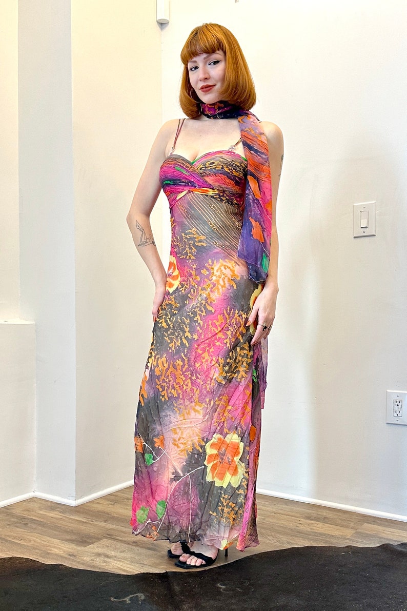 Vintage 2000s Dress / Y2K Diane Freis Colorful Silk Gown / Orange Pink M L image 3