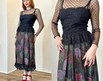 Vintage 1980s Dress / 80s Metallic Floral and Lace Dress / Black Pink ( XS )