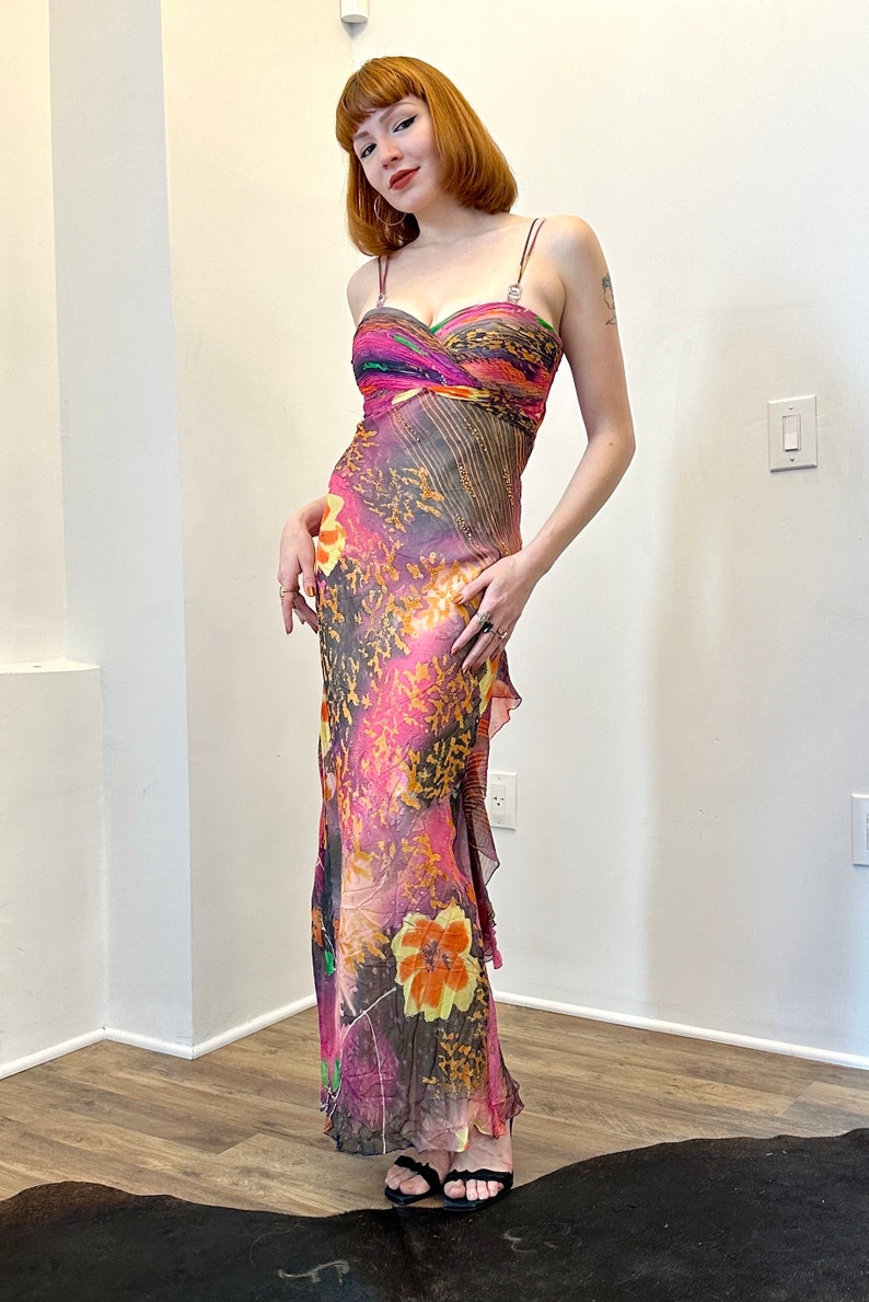Vintage 2000s Dress / Y2K Diane Freis Colorful Silk Gown / Orange Pink M L image 2