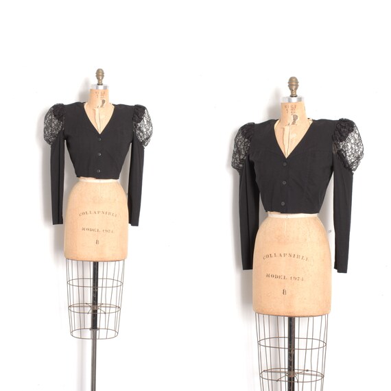 Vintage 1980s Blouse / 80s Cropped Lace Puff Sleev
