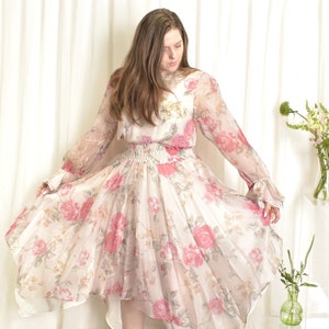 Vintage 1980s Dress / 80s Diane Freis Rose Print Floral Dress / Pink ( M L )