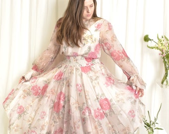 Vintage 1980er Kleid / 80er Jahre Diane Freis Rose Print Floral Dress / rosa ( M L )