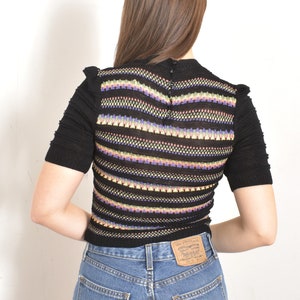 Vintage 1940s Sweater / 40s Colorful Striped Knit Top / Black small S image 5