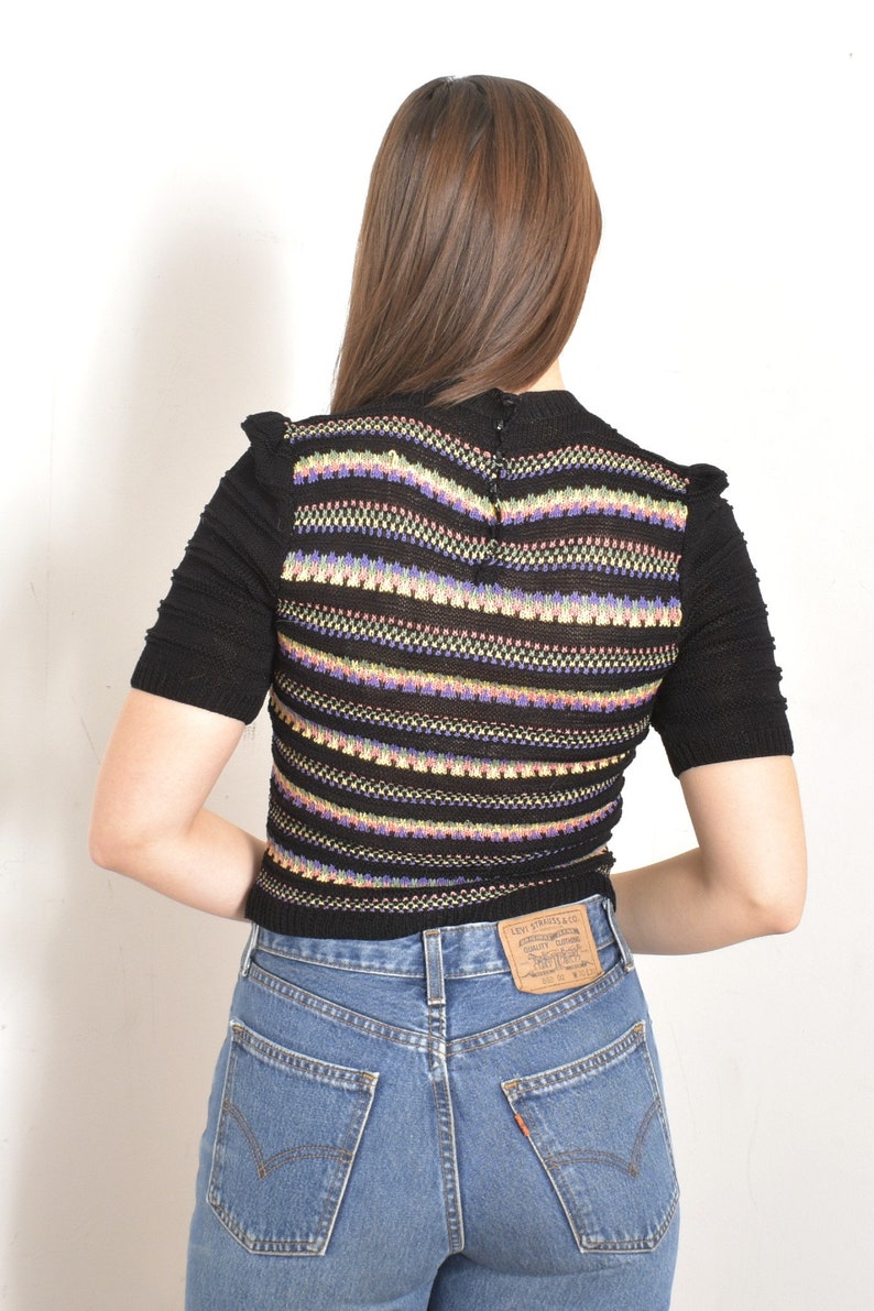 Vintage 1940s Sweater / 40s Colorful Striped Knit Top / Black small S image 5