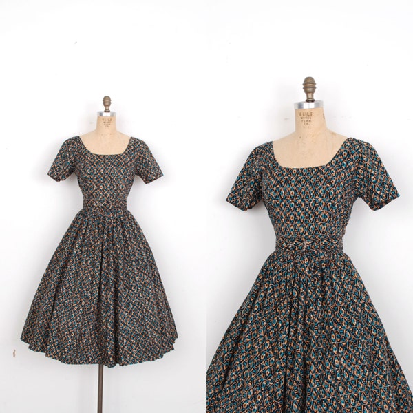 Vintage 1950s Dress / 50s Batik Printed Cotton Dress / Teal Orange Black (S M)