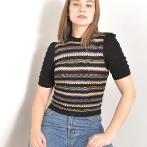 Vintage 1940s Sweater / 40s Colorful Striped Knit Top / Black small S image 4