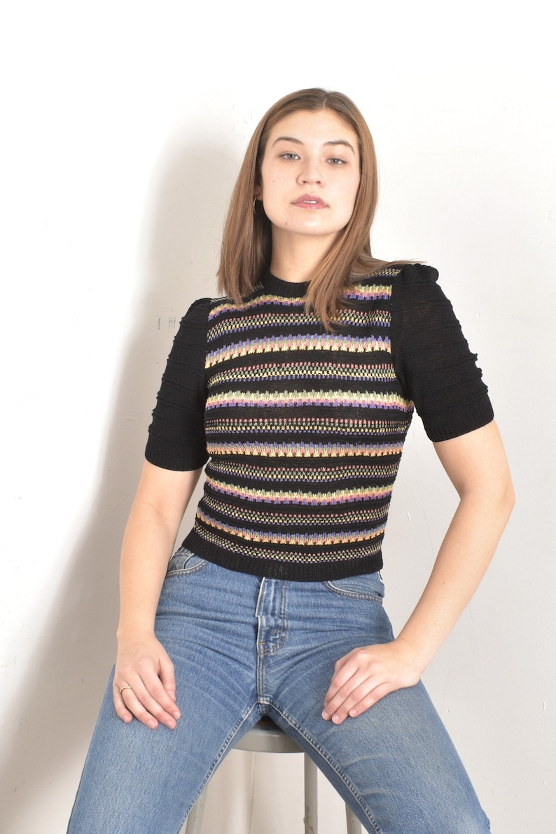 Vintage 1940s Sweater / 40s Colorful Striped Knit Top / Black small S image 4