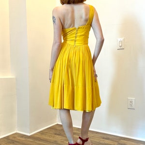 Vintage 1950s Dress / 50s One Shoulder Party Dress / Yellow XS image 6