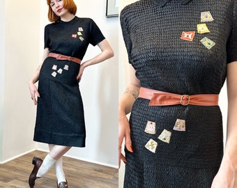 Vintage 1940s Dress / 40s Ribbon Knit Zodiac Two Piece Set / Black ( S M )