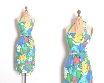 Vestido vintage de los años 70 / Vestido tipo pareo de algodón con estampado floral Malia de los años 70 / Azul verde (talla S-M)