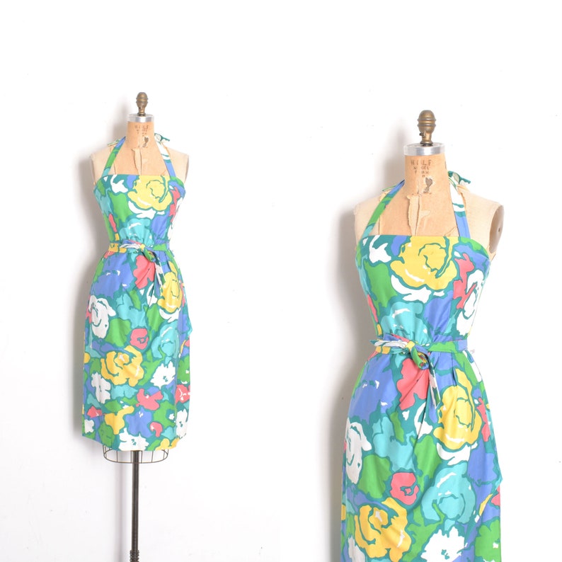 Vintage 1970s Dress / 70s Malia Floral Cotton Sarong Dress / Blue Green S M image 1