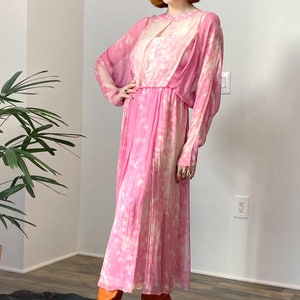Vintage 1970s Dress / 70s Cherry Blossom Silk Chiffon Dress / Pink White M L image 3