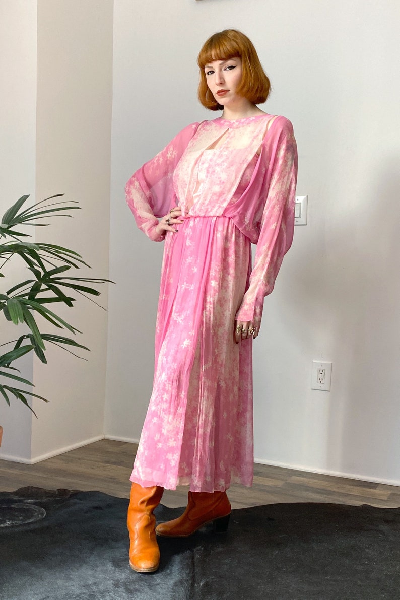 Vintage 1970s Dress / 70s Cherry Blossom Silk Chiffon Dress / Pink White M L image 3