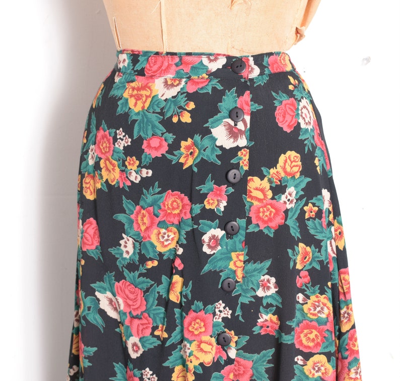 Vintage 1990s Skirt / 90s Dark Floral Rayon Maxi Skirt / Black | Etsy