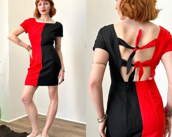 Vintage 1980s Dress / 80s Two-Tone Tie Back Dress / Red Black ( small S )