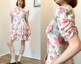 Vintage 1980s Dress / 80s Ruffled Silk Floral Mini Dress / Pink Green ( small S )