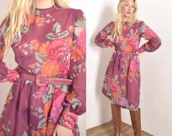 Vintage 1980s Dress / 80s Sheer Floral Print Dress / Purple Pink ( medium M )