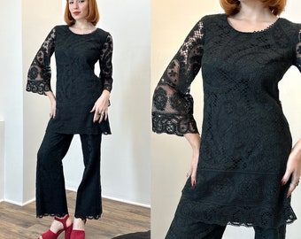 Vintage 1970s Dress / 70s Lace Mini Dress and Flares Set / Black ( small S )