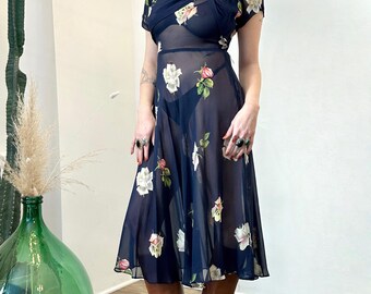 Vestido vintage de los años 40 / Vestido transparente con estampado de rosas de los años 40 / Azul marino y rosa (talla pequeña S)