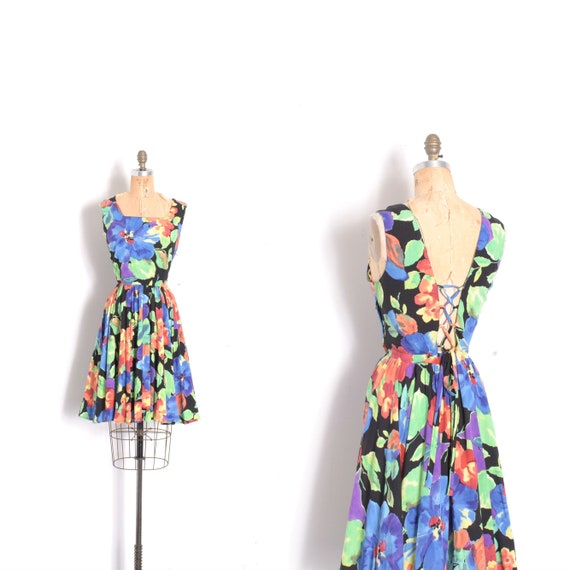 Vintage 1980s Dress / 80s Neon Floral Backless Dre