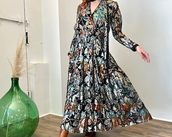 Vintage 80er Jahre Kleid Diane Freis Dark Floral Metallic Paillettenkleid / Schwarz Silber Orange ( S M )