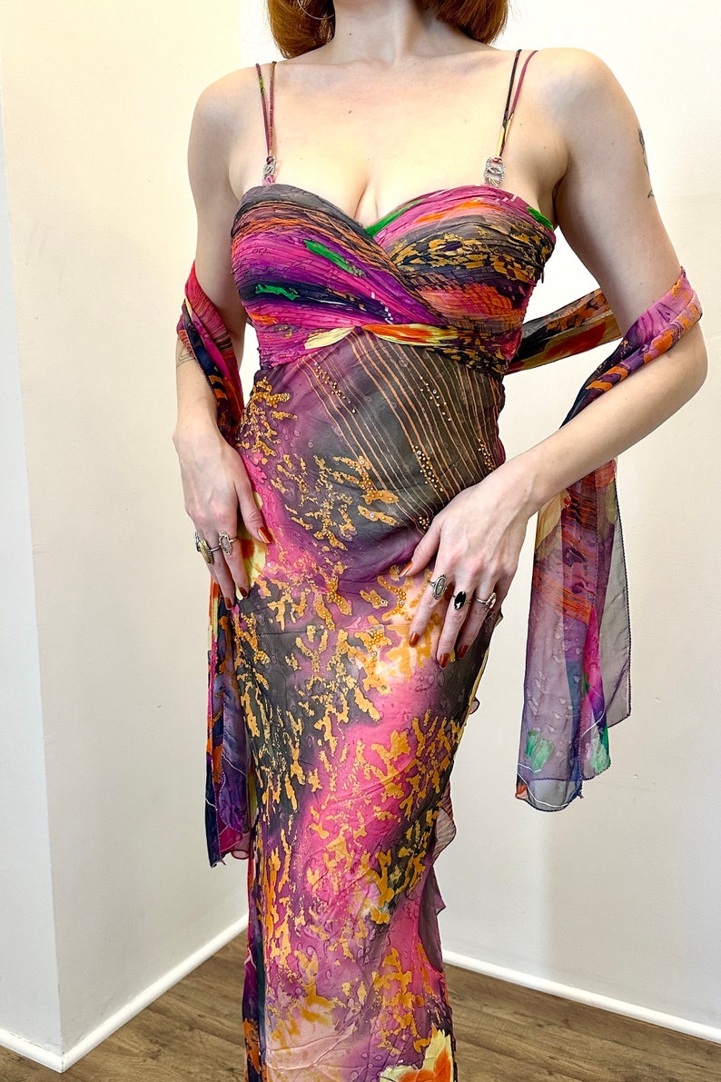 Vintage 2000s Dress / Y2K Diane Freis Colorful Silk Gown / Orange Pink M L image 5