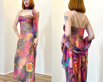 Vintage 2000s Dress / Y2K Diane Freis Colorful Silk Gown / Orange Pink ( M L )