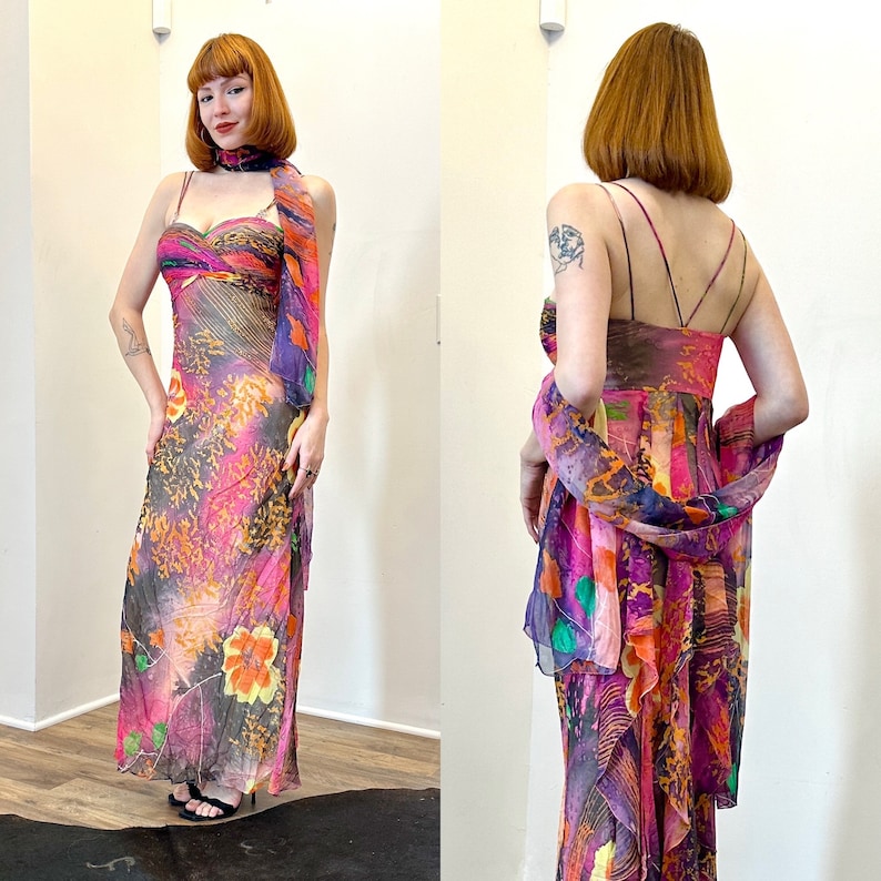 Vintage 2000s Dress / Y2K Diane Freis Colorful Silk Gown / Orange Pink M L image 1
