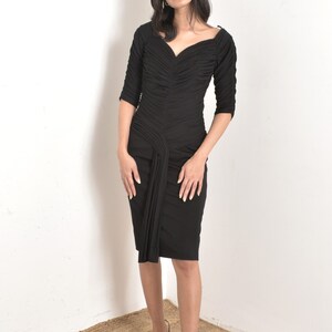 Vintage 1950s Dress / 50s Draped Rayon Jersey Wiggle Dress / Black ( small S )