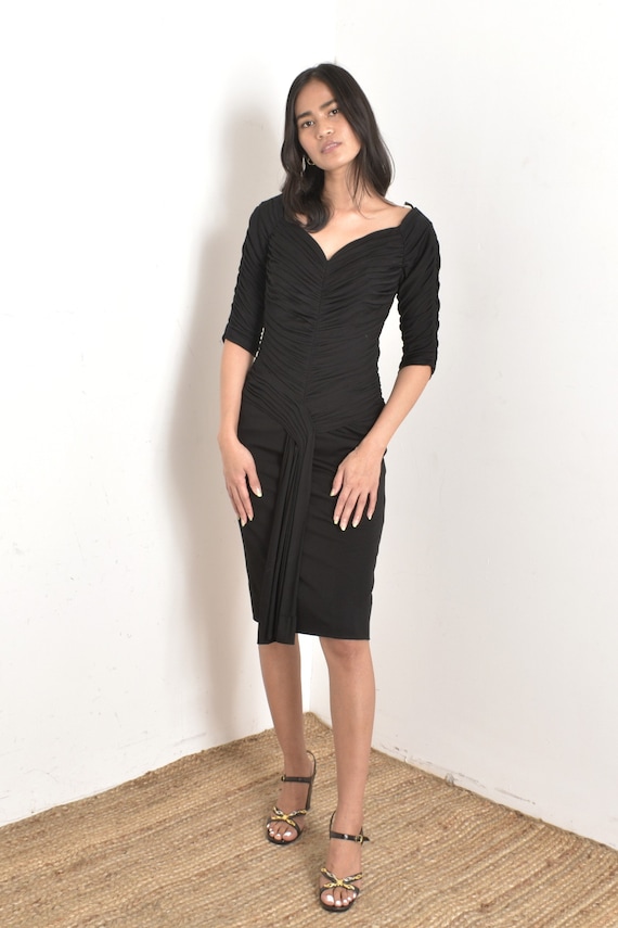 Vintage 1950s Dress / 50s Draped Rayon Jersey Wiggle Dress / Black ( small S )