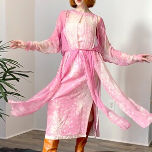 Vintage 1970s Dress / 70s Cherry Blossom Silk Chiffon Dress / Pink White M L image 2