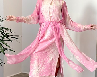 Vintage 1970s Dress / 70s Cherry Blossom Silk Chiffon Dress / Pink White ( M L )