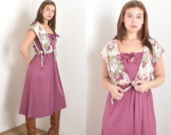 Vintage 1970s Dress / 70s Tank Dress Set with Floral Tie Top / Purple ( S M )