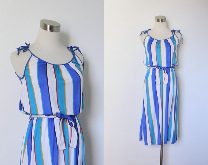 Striped Sundress / 1970s Blue and White Tank Dress / Tie - Etsy