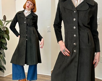 Vintage 1970s Jacket / 70s Suede Long Jacket / Black ( XS S )