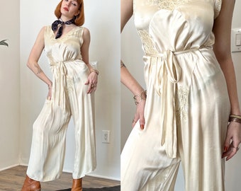 Vintage 1930s Jumpsuit / 30s Silk Palazzo Jumpsuit / Ivory White ( S M )