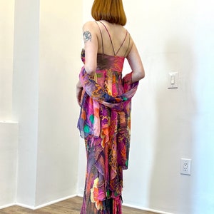 Vintage 2000s Dress / Y2K Diane Freis Colorful Silk Gown / Orange Pink M L image 6