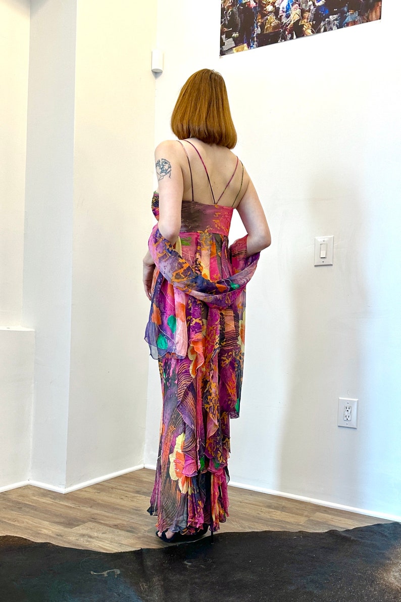 Vintage 2000s Dress / Y2K Diane Freis Colorful Silk Gown / Orange Pink M L image 6