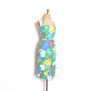 Vintage 1970s Dress / 70s Malia Floral Cotton Sarong Dress / Blue Green S M image 3