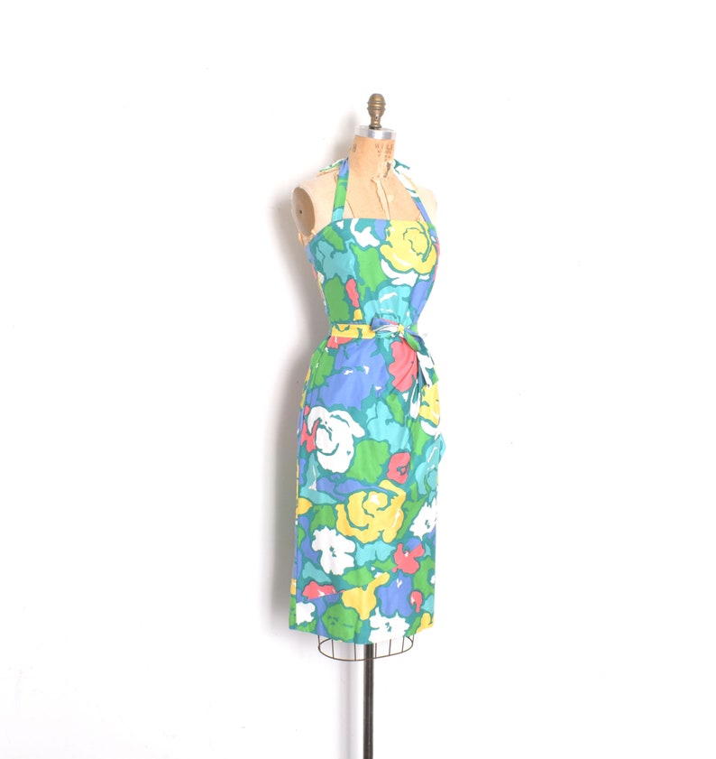 Vintage 1970s Dress / 70s Malia Floral Cotton Sarong Dress / Blue Green S M image 3