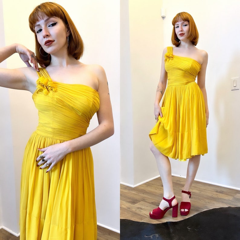 Vintage 1950s Dress / 50s One Shoulder Party Dress / Yellow XS image 1