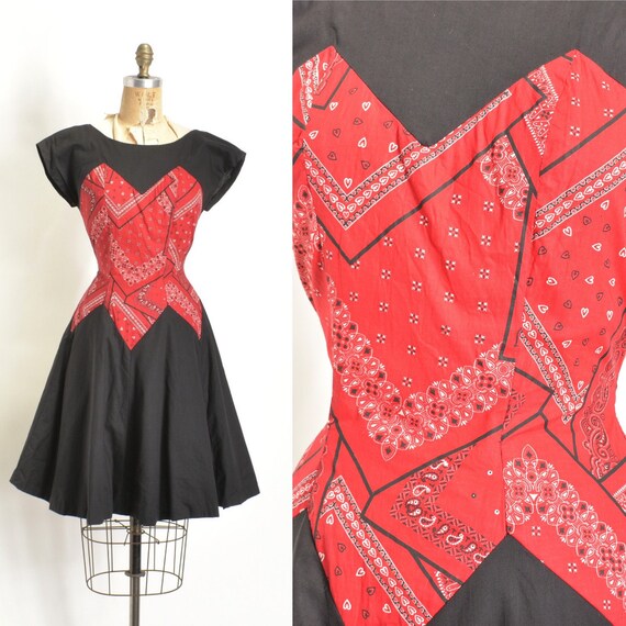 Vintage 1950s Dress / 50s Bandana Print Cotton Dr… - image 1