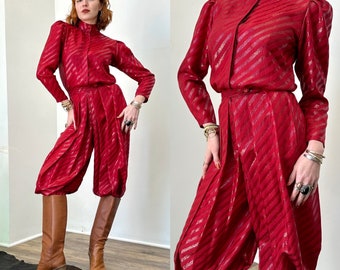 1970s Two Piece / 70s Ballon Pants and Blouse Set / Red ( XS S )