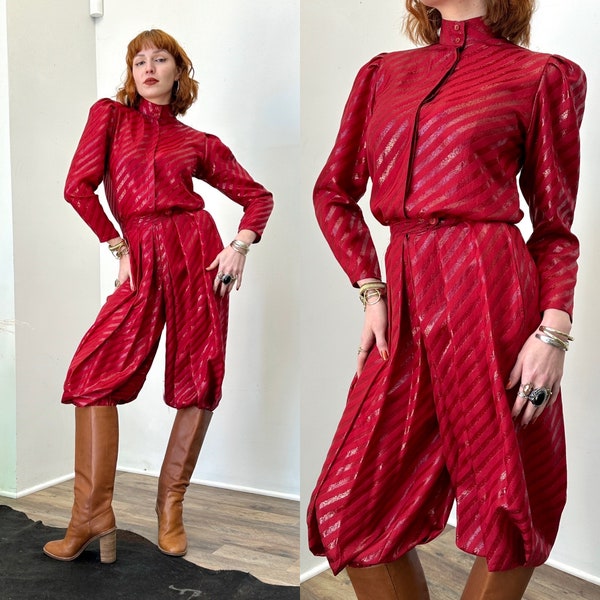 1970s Two Piece / 70s Ballon Pants and Blouse Set / Red ( XS S )