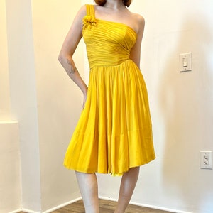 Vintage 1950s Dress / 50s One Shoulder Party Dress / Yellow XS image 4